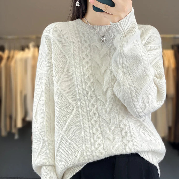 Enlarged And Thickened Merino Wool Sweater Women's Round Neck Autumn Winter New Long Sleeved New Cashmere Knit Pullover Top