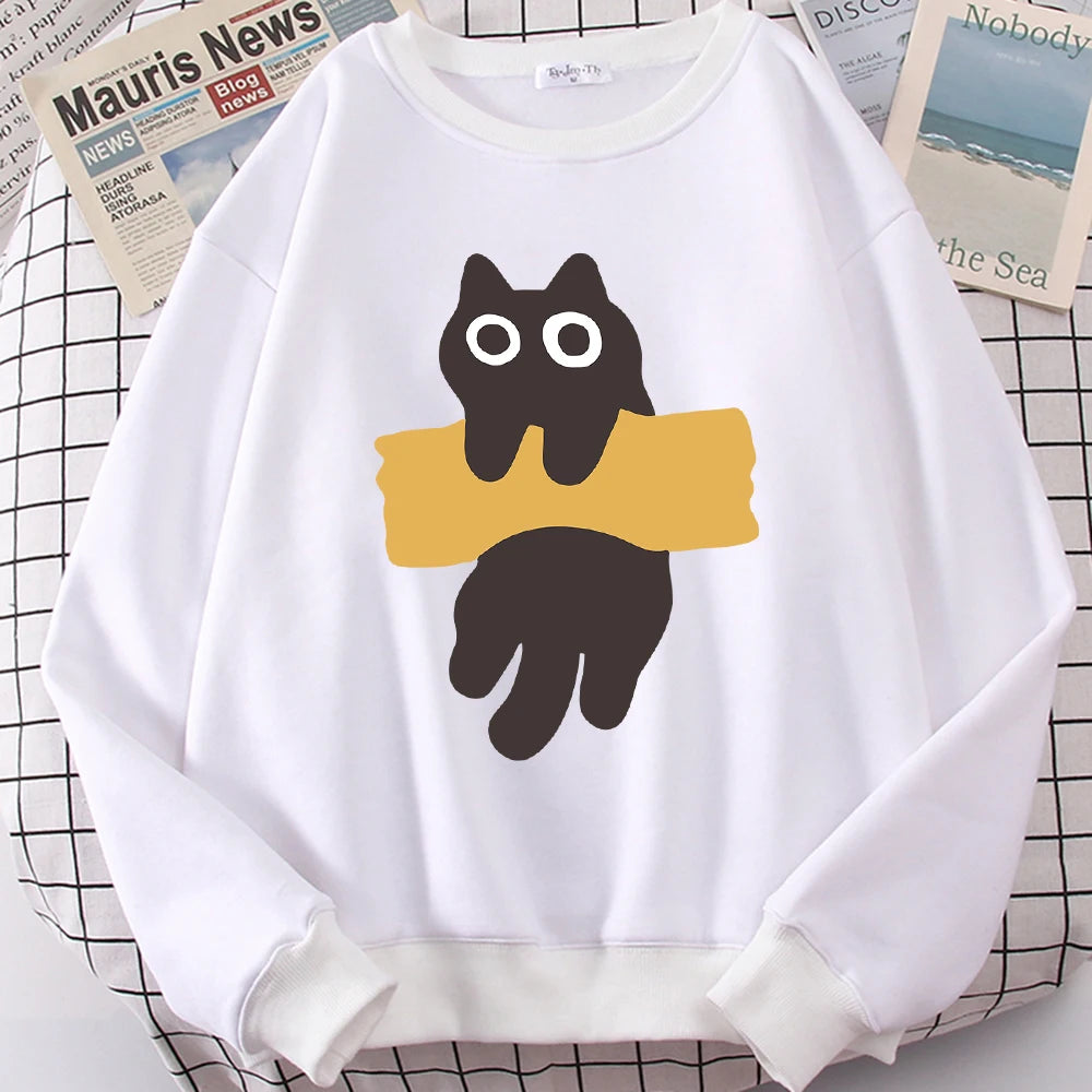 Fun Adhesive Tape Cat Cute Print Cartoons Hoody Men Women Hip Hop Hoodie Autumn New Hoodies O-Neck Loose Clothes Sweatshirts