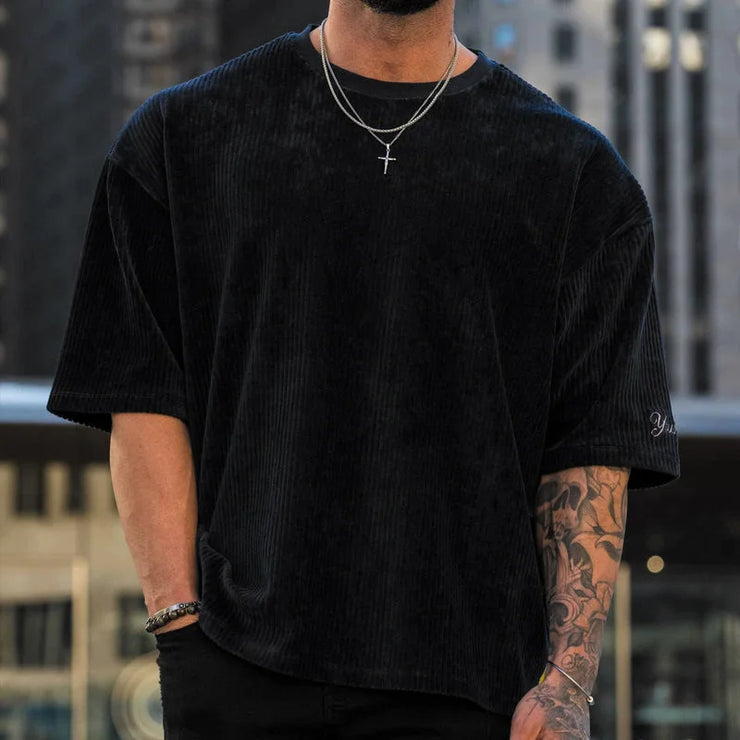 New Fitness Sports Exercise Men's Corduroy Loose T-shirt Summer Crewneck Cotton Running Loose Short Sleeve