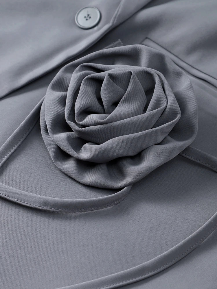 3D Flower Belts Blazer Coat Women Elegant Notched Double Breasted Long Sleeve Shoulder Pad Office Jacket Chic Gray Street Tops