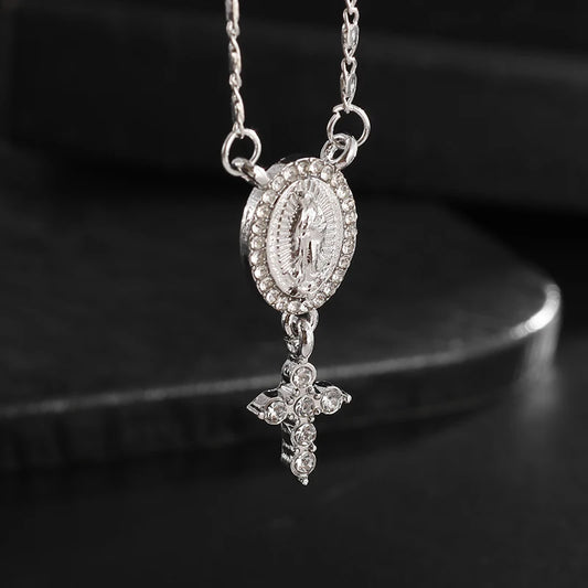 Classic Catholic Our Lady of Guadalupe Virgin Mary Statue Pendant with Cross Zircon Necklace Women's Prayer Jewelry
