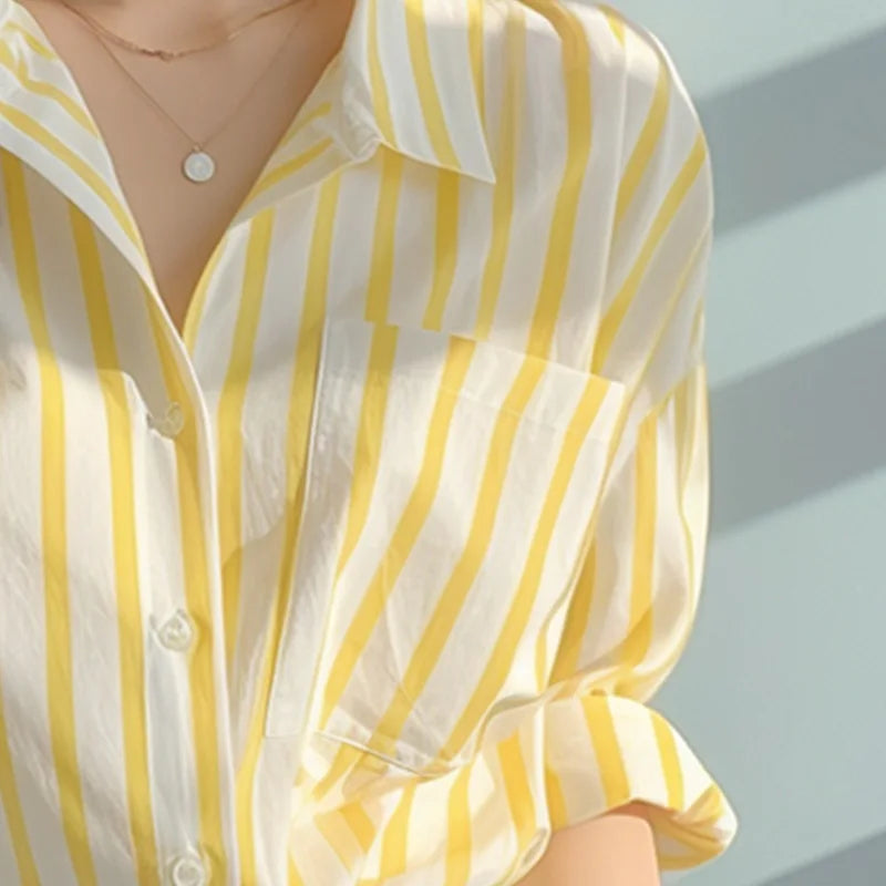 2024 New Summer Korean Aesthetic Loose Casual Office Lady Women's Shirt Pocket Mixed Cotton V Neck Long Sleeve Striped Y2K Tops