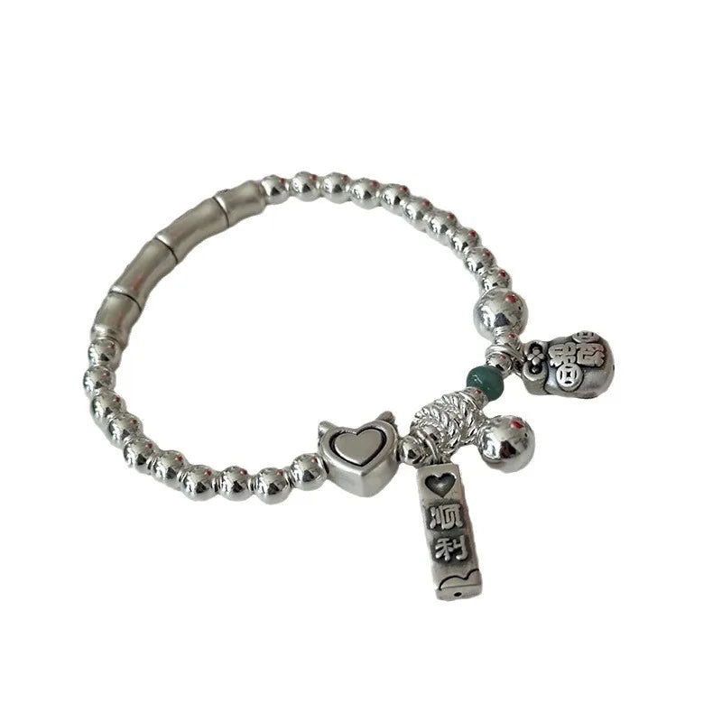 Pulsera de cuentas de corazón de amor de color plateado para mujer y niña, 2024, con articulaciones de bambú sencillas, joyería étnica con alas de la suerte, regalo