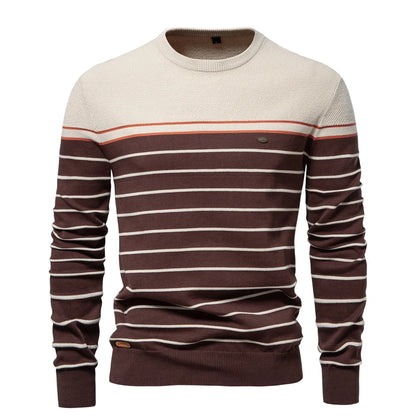 AIOPESON - Suéter de algodón con cuello redondo para hombre, nuevo, a rayas, informal, para otoño e invierno, de alta calidad, tejido para hombre
