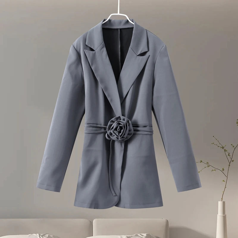 3D Flower Belts Blazer Coat Women Elegant Notched Double Breasted Long Sleeve Shoulder Pad Office Jacket Chic Gray Street Tops