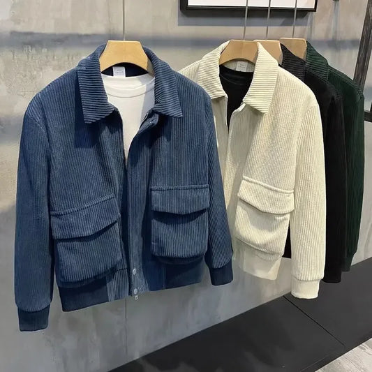 Haut court en velours côtelé à revers chaud de couleur unie pour homme, veste décontractée tendance de style coréen, coupe ample avec grande poche