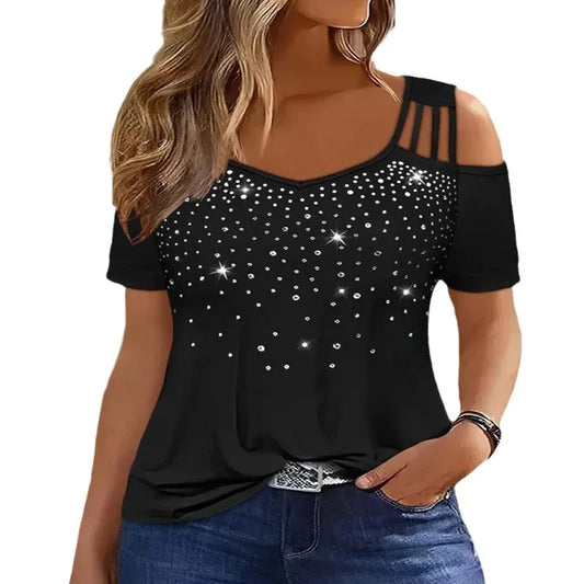 2024 new hot drill off-shoulder large size short sleeve T-shirt women's top