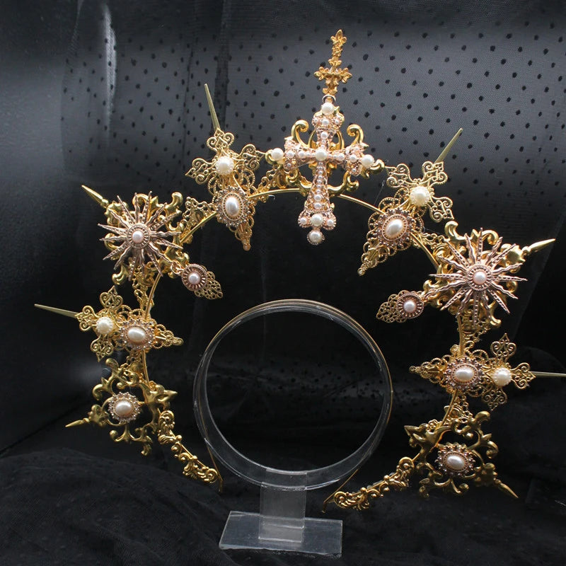 Diadema gótica Lolita con halo, diadema barroca de reina y princesa, diadema de diosa del sol y diablo, accesorios para el cabello punk de Halloween