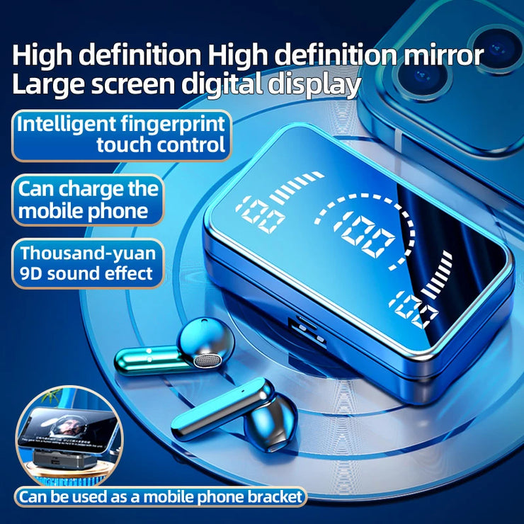 Bluetooth 5.2 Earphone Headphones Mirror Wireless Stereo Headset with Digital DisplayTouch Control Sports Earbuds for Gaming