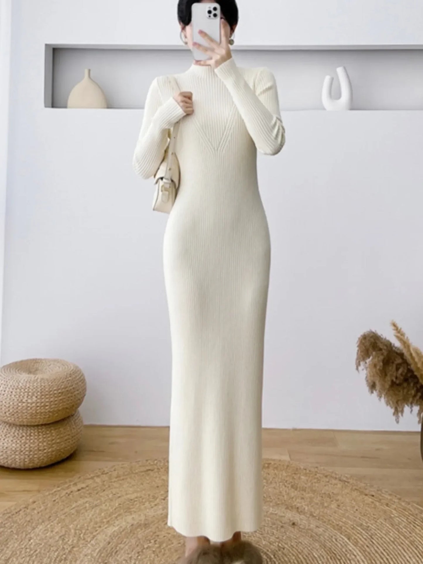 Elegant Slim Ribbed Knitted Dress Women Casual Long Sleeve Elastic Sweater Vestidos Autumn Winter Fashion Clothes Female Jumper