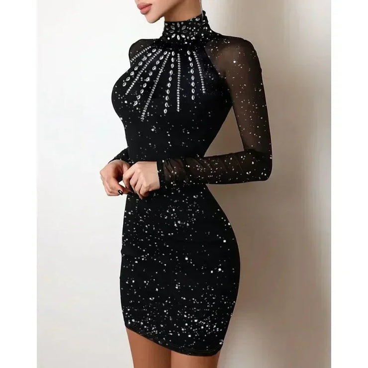 Summer New Women's Solid Color Rhinestone Turtleneck Dusting Powder Slim Long Sleeve Dress
