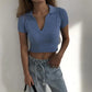 Polos ITOOLIN pour femmes, t-shirt en tricot à manches courtes, uni, côtelé, col en V, court, uni, slim, été 2023