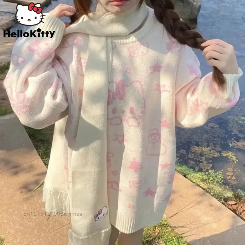 Suéter de punto navideño de Hello Kitty con bufanda para mujer, estilo Y2k, Sanrio, con dibujos animados, informal, holgado, de punto