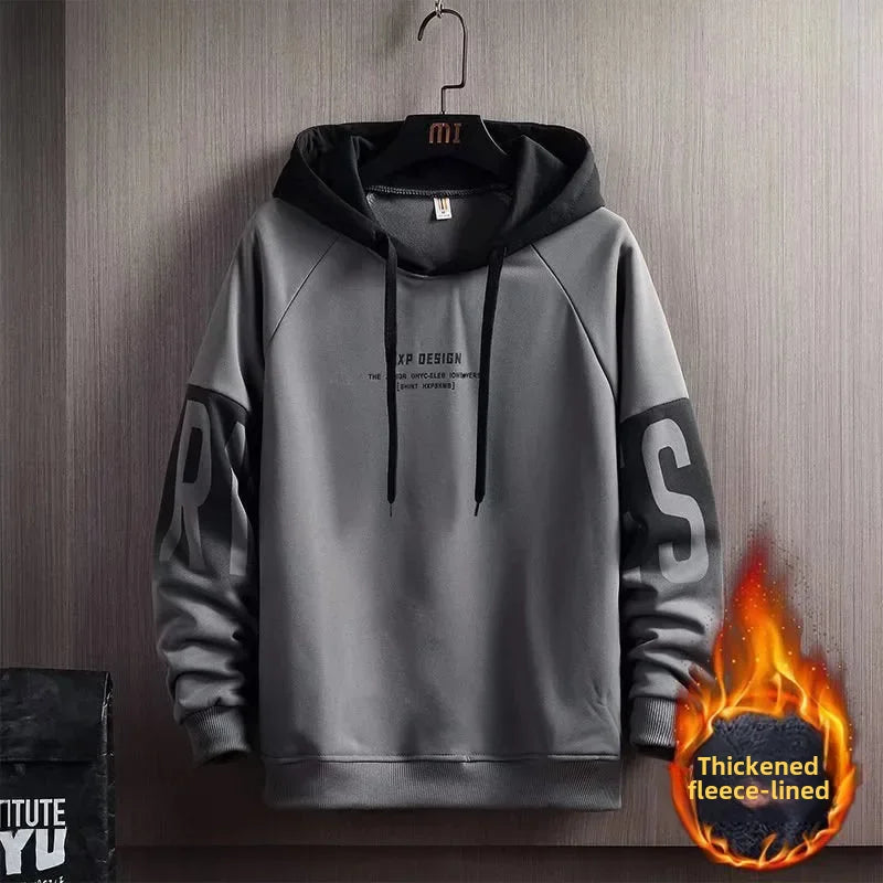 Sudadera holgada con capucha y estampado de letras para hombre, chaqueta de manga larga con forro polar, estilo coreano, informal y a la moda, para otoño e invierno