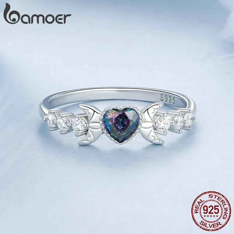 BAMOER White Gold Plated Moon Heart Ring, 925 Sterling Silver Vintage Fashion Rings for Women Girls BSR534