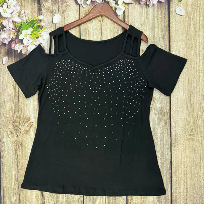 2024 new hot drill off-shoulder large size short sleeve T-shirt women's top