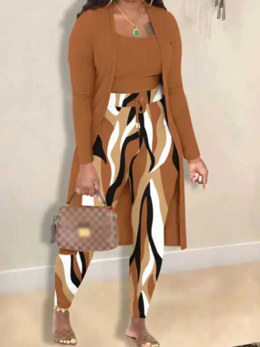 LW Plus Size Autumn Winter 2 Piece Sets Women Outfit Cami Pattern U Neck Long Sleeve Drawstring Three Piece Skinny Pants Set