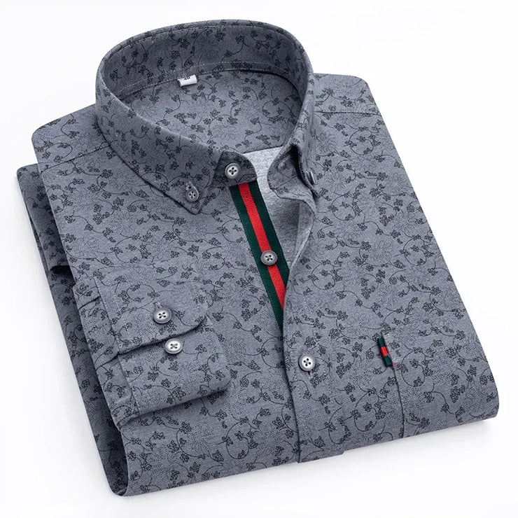 Men New Shirts Fashion Flower Print Oxford Turn-Down Collar Long Sleeve Loose Size Male Large Shirt Personalized Party Clothes