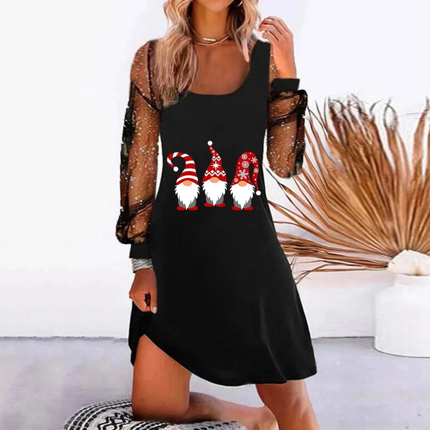 Winter Classic Dresses Women'S Christmas Gifts Square Neck Dress Mesh Spliced Sleeve Loose Fitting Vestidos For Women Trendy