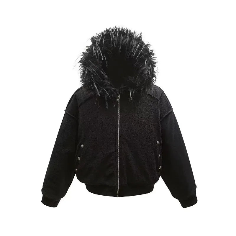 Ropa de calle de moda para hombre Y2k, sudadera informal cálida con cremallera, abrigo grueso holgado retro Harajuku, sudadera con cuello de piel para pareja gótica punk