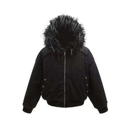 Ropa de calle de moda para hombre Y2k, sudadera informal cálida con cremallera, abrigo grueso holgado retro Harajuku, sudadera con cuello de piel para pareja gótica punk