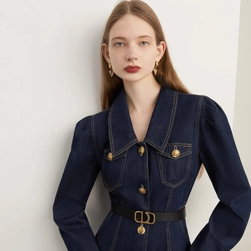 Blue Lapel Denim Dress For Women In Autumn And Winter, New Retro Commuting Style, Slim Denim Dress With A Waistband