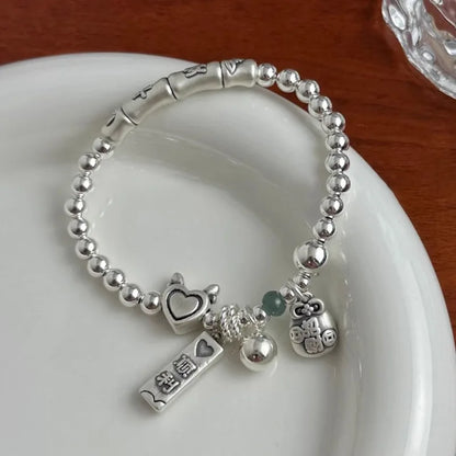 Pulsera de cuentas de corazón de amor de color plateado para mujer y niña, 2024, con articulaciones de bambú sencillas, joyería étnica con alas de la suerte, regalo
