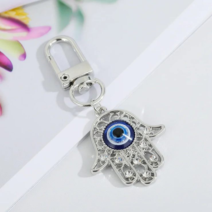 Creative Blue Eye Key Ring for Women Heart Palm Shaped Crystal Metal Keychain Fashion Turkish Jewelry Accessories Decoration