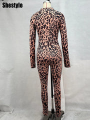 Shestyle Brown Leopard Zip Up Jumpsuits for Women Skinny Mock Neck Sexy Hand Hole Rompers Fitness Outwear Sporty Casual2024 New
