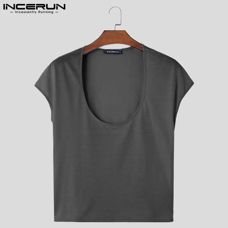 INCERUN Men Clothing Short Sleeve Summer Tops Tee Fashion Solid Color Men T-shirts Streetwear Casual T Shirt Oversize Top