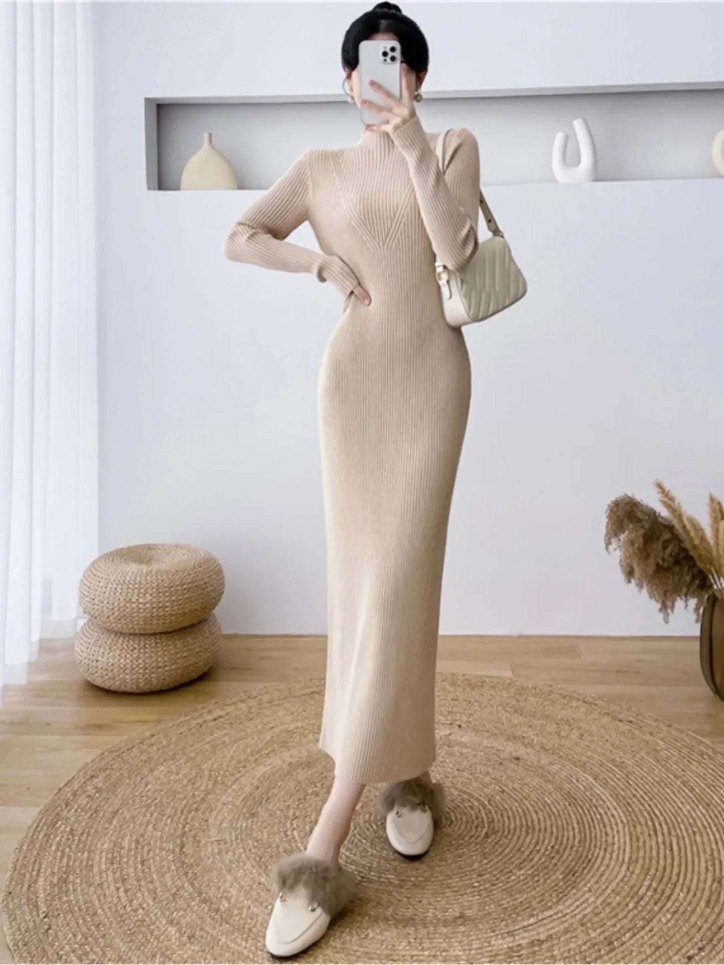Elegant Slim Ribbed Knitted Dress Women Casual Long Sleeve Elastic Sweater Vestidos Autumn Winter Fashion Clothes Female Jumper