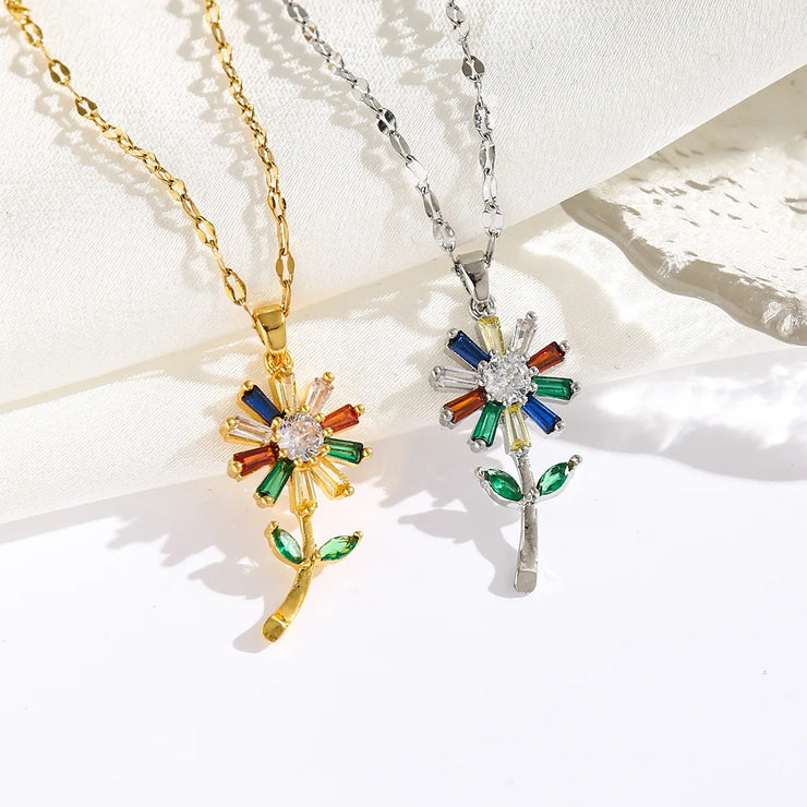 Titanium Steel Sunflower Necklace with Micro Pave Setting Green Leaves and Zircon Stones
