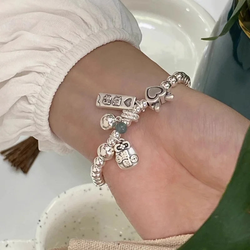 Pulsera de cuentas de corazón de amor de color plateado para mujer y niña, 2024, con articulaciones de bambú sencillas, joyería étnica con alas de la suerte, regalo