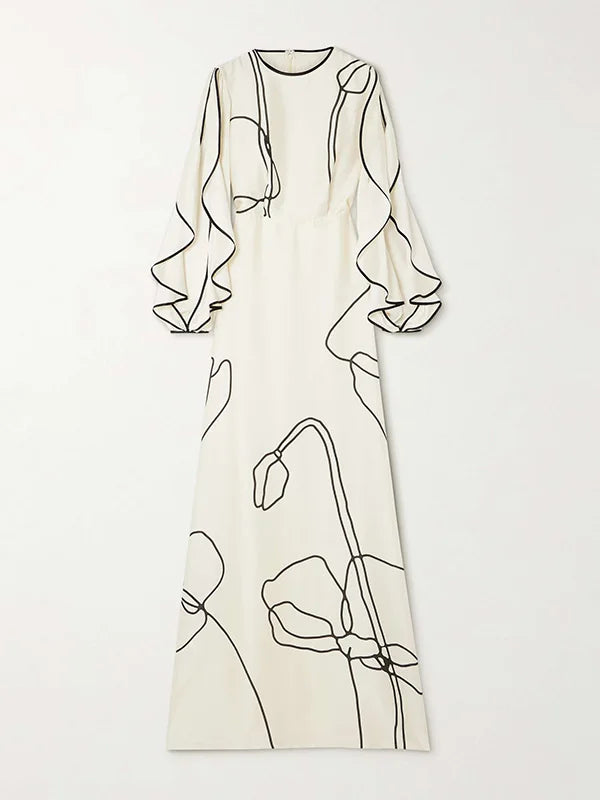 Vestido largo Missuoo con estampado floral blanco para mujer, cuello redondo, mangas largas, cintura alta, plisado, elegante vestido de noche para mujer