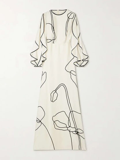 Vestido largo Missuoo con estampado floral blanco para mujer, cuello redondo, mangas largas, cintura alta, plisado, elegante vestido de noche para mujer