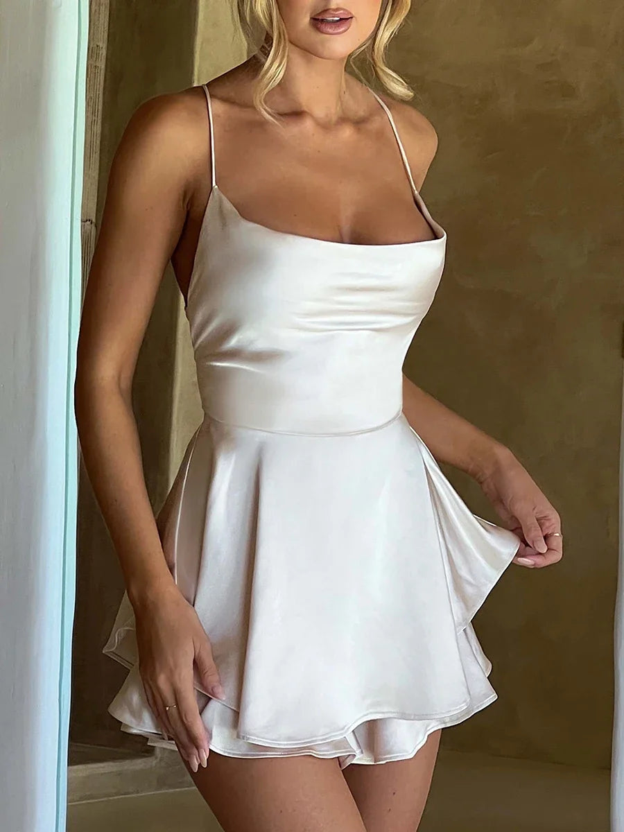 Women Tie-Up Romper Sling Backless Bandage Cross Jumpsuits Fashion Sleeveless Satin Playsuits Summer Streetwear Outerwear