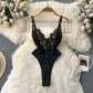 Spring Summer Sexy Lace Mesh Classical Metal Buckle With Hairball Jumpsuit Single-Breasted Eastern Style Stand Collar Bodysuit