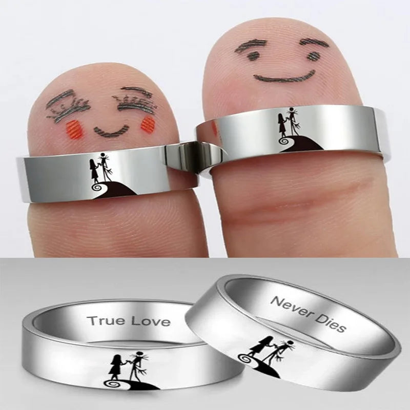 Stainless Steel Couple Rings Halloween Jack and Sally Lover's Rings Engagement Wedding Ring for Men Women Party Jewelry