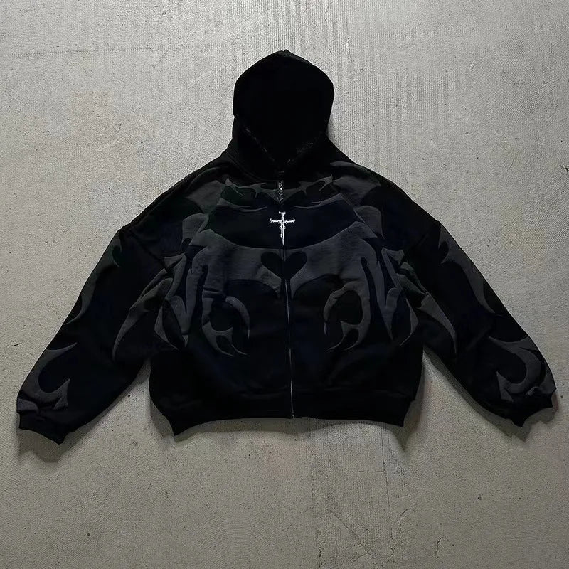 American fashion brand dark style pattern oversized hoodie men's Y2K street hip-hop Harajuku loose zipper sweatshirt women's
