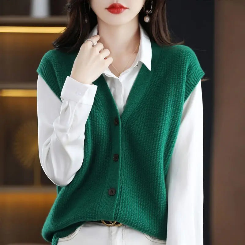 Autumn and Winter New V-neck Knitted Cardigan Tank Top Women's Korean Version Loose Versatile Casual Sleeveless Sweater