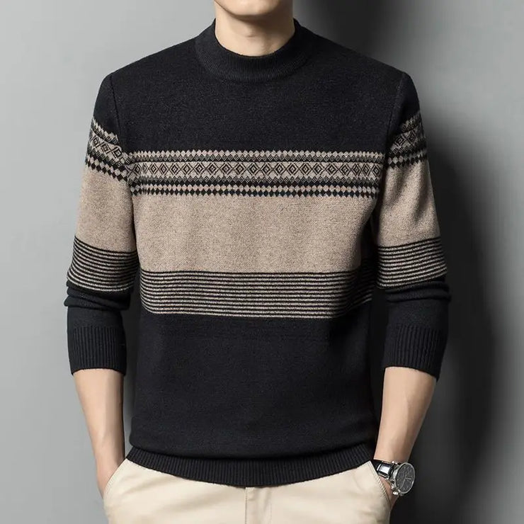 Autumn Winter Fashion High End Thickened Round Neck Sweater Men's Smart Casual Loose Versatile Patchwork Knitted Long Sleeve Top