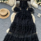 SINGREINY Elegante Vestido de Malla con Mangas Acampanadas y Hombros Descubiertos, Fruncido, Sólido, para Mujer, Otoño, Vestidos de Fiesta de Lujo para Personas Mayores