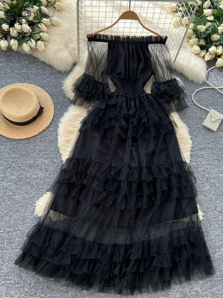 SINGREINY Elegante Vestido de Malla con Mangas Acampanadas y Hombros Descubiertos, Fruncido, Sólido, para Mujer, Otoño, Vestidos de Fiesta de Lujo para Personas Mayores