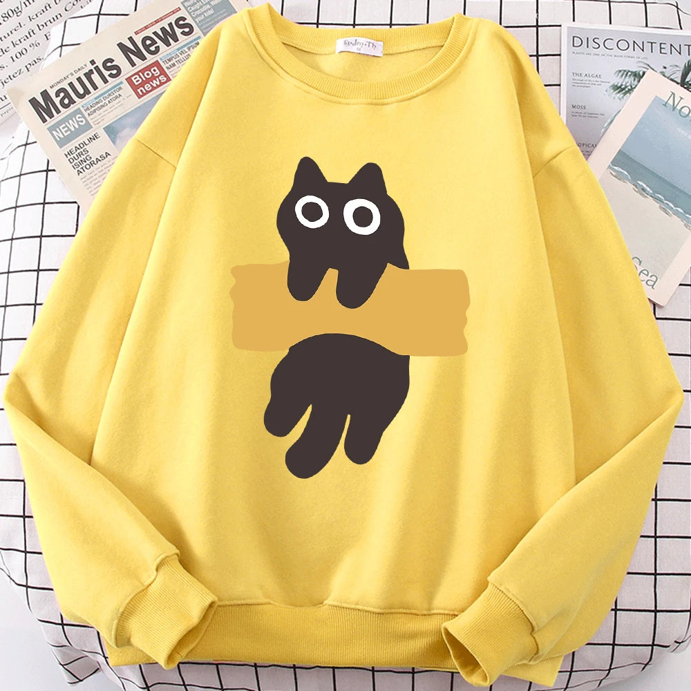 Fun Adhesive Tape Cat Cute Print Cartoons Hoody Men Women Hip Hop Hoodie Autumn New Hoodies O-Neck Loose Clothes Sweatshirts