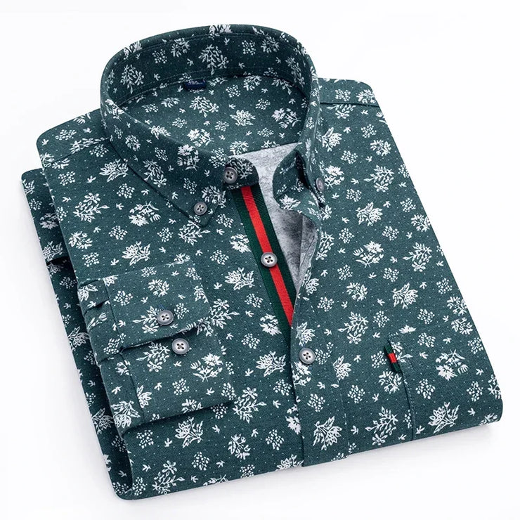 Men New Shirts Fashion Flower Print Oxford Turn-Down Collar Long Sleeve Loose Size Male Large Shirt Personalized Party Clothes