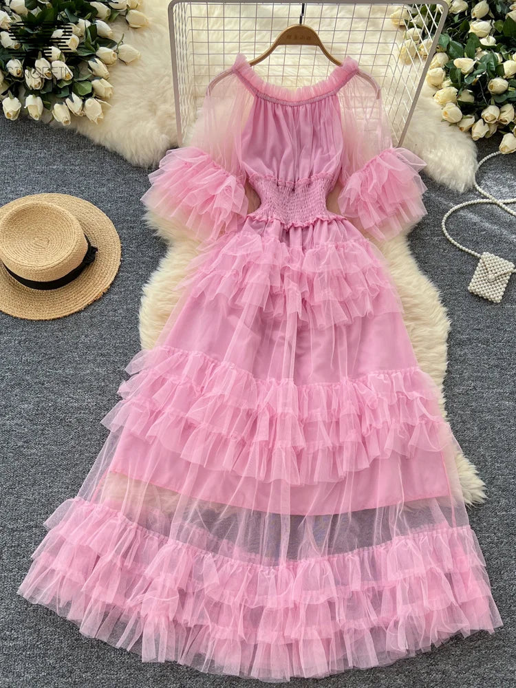 SINGREINY Elegante Vestido de Malla con Mangas Acampanadas y Hombros Descubiertos, Fruncido, Sólido, para Mujer, Otoño, Vestidos de Fiesta de Lujo para Personas Mayores