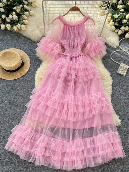 SINGREINY Elegante Vestido de Malla con Mangas Acampanadas y Hombros Descubiertos, Fruncido, Sólido, para Mujer, Otoño, Vestidos de Fiesta de Lujo para Personas Mayores