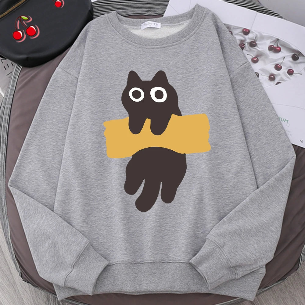 Fun Adhesive Tape Cat Cute Print Cartoons Hoody Men Women Hip Hop Hoodie Autumn New Hoodies O-Neck Loose Clothes Sweatshirts