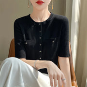 Women's Summer Round Neck Solid Color Fashion Slim Fit Fine Imitation Wool Knitted Short Sleeve Pocket Cardigan T-Shirt Top