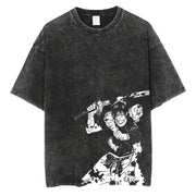 Men Streetwear Washed Acid Oversized T Shirt Japanese Anime Retro Worn Graphic Print T-Shirt Summer Cotton Short Sleeve Tees